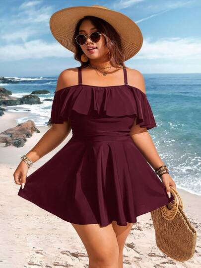 Swim Lushoire Plus Size Women Solid Color Ruffled Off-Shoulder Swimdress With Swimshorts