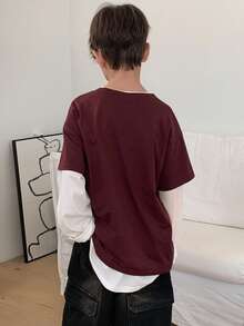 DAZY 青少年男孩字母印花仿叠层圆领长袖休闲T恤 - 酒紅色 - 查看 6