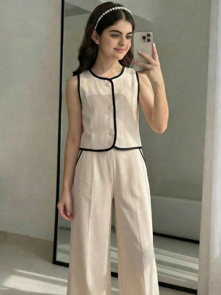 SHEIN Tween Girl Casual Elegant Woven Contrast Color Sleeveless Top With Pockets And Wide Leg Pants 2-Piece Set, Khaki, Suitable For Daily Wear, Back To School, Mother-Daughter Matching - Khaki - View 1