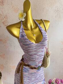 SHEIN SunnyBelle Y2K Women's Spring/Summer Island Vacation Beach Sexy Slimming Ombre Floral Mesh Knit Dress - Multicolor - View 3