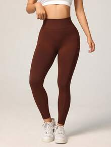 Seamluxe SHEIN Sport 纯色高腰紧身瑜伽裤 - 棕色 - 查看 5