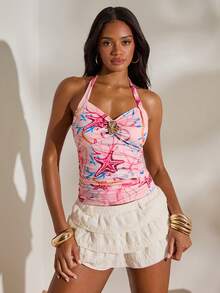 Opulessa Women's Knit Printed Halter Neck Fitted Camisole For Spring/Summer Vacation Holiday ,Going Out, Party, Beach - Pink - View 4