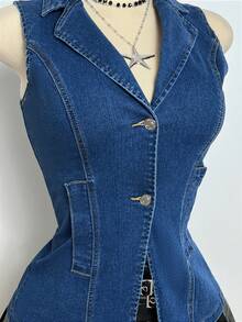 Elamini 女士休闲翻领单排扣牛仔夹克，日常百搭 - 深色水洗藍 - 查看 5