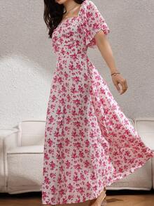 Rafferiza Women's Elegant Casual Red Floral Print Square Neck Ruffle Sleeve Back Tie Waist Slimming Long Vacation Dress, Summer - Red and White - View 5