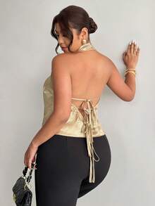 Firerie Women's Casual And Elegant Commuting Gold Satin Halter-Back Turtleneck Top/New Year Look/Sexy Top/Sparkly Top/Party Top/Old Money Style Top/Gold Top - Gold - View 2