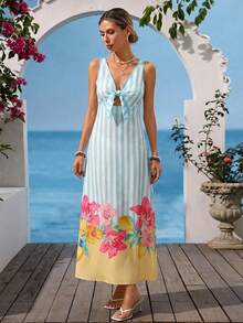 Vivid Eden 女士夏季度假条纹印花系带连衣裙 - 湖藍色 - 查看 13