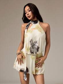 SHEIN PETITE 女士黄色优雅碎花露背吊带迷你连衣裙，夏季、度假、性感、黄色，适合外出、约会等场合。 - 黃色 - 查看 7