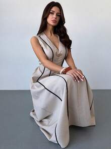 Firerie 女士撞色V领无袖中长连衣裙，适合夏季、商务休闲场合、度假穿着，也适合商务女性，杏色连衣裙，撞色滚边连衣裙，性感V领休闲度假连衣裙，春夏服装，优雅，通勤，约会，工作装，返校季，正式场合。 - 卡其色 - 查看 9