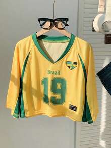 Comfortcana 女士夏季短袖V领巴西队号码字母国旗印花撞色字母印花休闲露脐上衣，插肩袖针织衫，世界杯比赛日，体育迷周边，运动度假装，运动球衣 - 彩色 - 查看 6