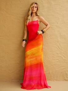 BiaLiraa 新款度假风彩虹渐变网纱印花露背波西米亚风长裙，毕业派对礼服 - 紅色 - 查看 6