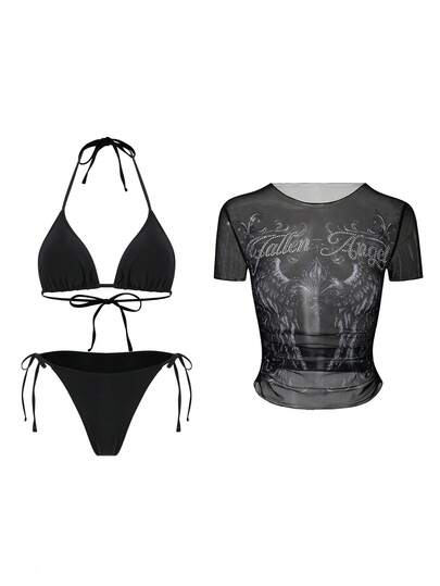 ROMWE Ensemble de maillot de bain 3 pièces pour femmes, comprenant un cache-maillot élégant à motif de maille, un bikini tanga et un Top transparent bohème d'été gothique. Ensemble de maillots de bain pour femmes, tenues de plage, hauts de bikini, maillots de bain deux pièces avec contrôle du ventre, tenues de piscine pour femmes, tenues de plage pour femmes.