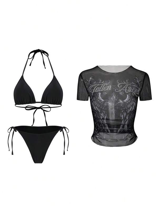 ROMWE Ensemble de maillot de bain 3 pièces pour femmes, comprenant un cache-maillot élégant à motif de maille, un bikini tanga et un Top transparent bohème d'été gothique. Ensemble de maillots de bain pour femmes, tenues de plage, hauts de bikini, maillots de bain deux pièces avec contrôle du ventre, tenues de piscine pour femmes, tenues de plage pour femmes.