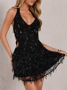 SHEIN Glamour Đầm ngắn dự tiệc/hẹn hò thời trang dành cho nữ, đính sequin và tua rua, cổ buộc dây. - màu đen - Xem 1