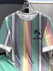 SHEIN Setelan Kasual Modis untuk Liburan Anak Laki-Laki Remaja, Kaos dan Celana Pendek Grafis Garis-Garis Blok Warna, Motif Siluet Pohon Palem, Cocok untuk Musim Panas - MultiWarna - View 4