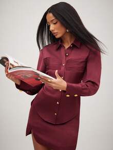 NYA SZN 配套迷你裙纽扣上衣长袖缎面 - 紅色 - 查看 1