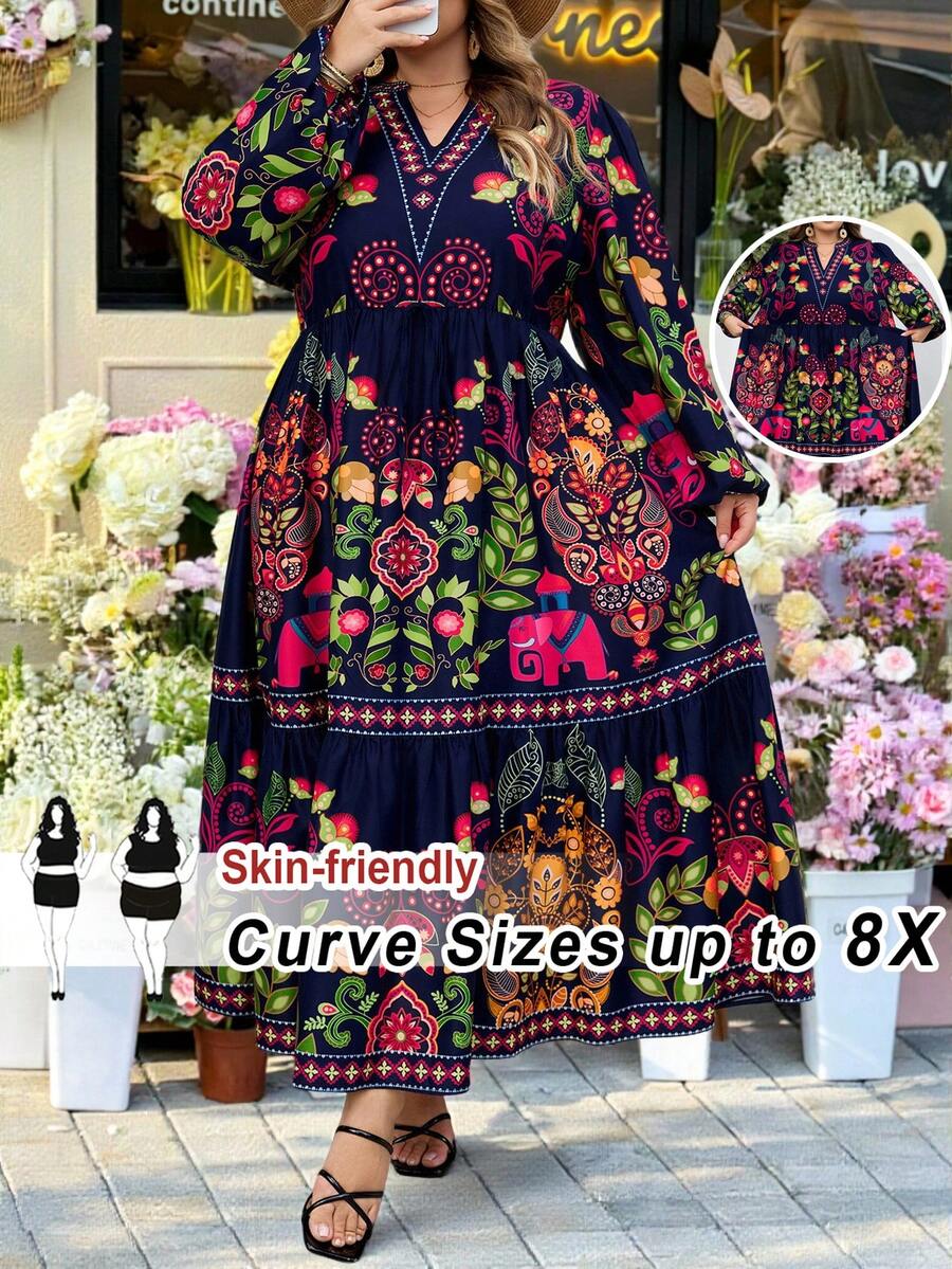 SHEIN CURVE+ Curve 尺码 US22 音乐节、海滨度假、波西米亚风女士休闲宽松印花度假连衣裙 花园连衣裙 花朵连衣裙 女士加大码波西米亚风连衣裙 野花连衣裙 - 彩色 - 查看 1