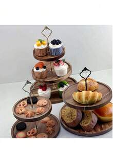 1-Piece Set Of Three-Layer Wooden Tray Cake Rack, Can Be Used As A Dining Plate, Bread Plate, Coffee Plate, Tea Plate, Made Of Solid Wood Material, Suitable For Halloween And Christmas Gift Gatherings - Multicolor - View 3