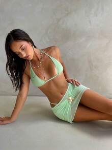 Aloruh 女士春夏新款纯色浅绿色泳装，绿色比基尼套装，优雅性感迷你三角罩杯比基尼搭配紧身迷你裙，海洋风金属扣装饰，女士度假装，女士沙滩装 - 薄荷綠 - 查看 5