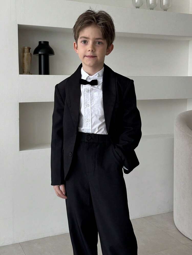 Tween Boy Solid Color Single-Breasted Long Sleeve Jacket And Trousers Gentleman Formal Suit Set