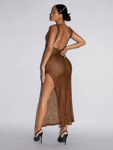 SHEIN ICON 音乐节性感露背深V高开衩连衣裙 - 卡其色 - 查看 2