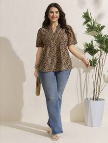 Comfylo Blus Lengan Mengembang Motif Bunga Kecil Kasual untuk Wanita Ukuran Besar, Cocok untuk Liburan Musim Panas dan Sopan - MultiWarna - View 4