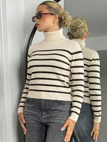 Bethéva New Autumn/Winter High Neck Slim Fit Striped Patchwork Thermal Lined Pullover Sweater For Women - Apricot - View 6