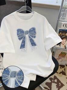 SHEIN 女童休闲时尚舒适简约百搭创意仿亮片蝴蝶结图案短袖T恤，适合女孩夏季及所有季节穿着。 - 白色 - 查看 3
