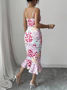 Elenzga 新款秋季彩色性感印花法式优雅独特收腰荷叶边下摆舒适吊带裙 - 彩色 - 查看 7