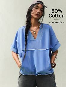 SoleilVie Sudadera casual de mujer con cuello en V sin mangas y lavado vintage - Azul - Ver 1