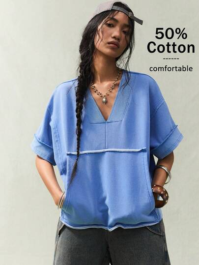 SoleilVie 女士V领无袖水洗复古休闲卫衣