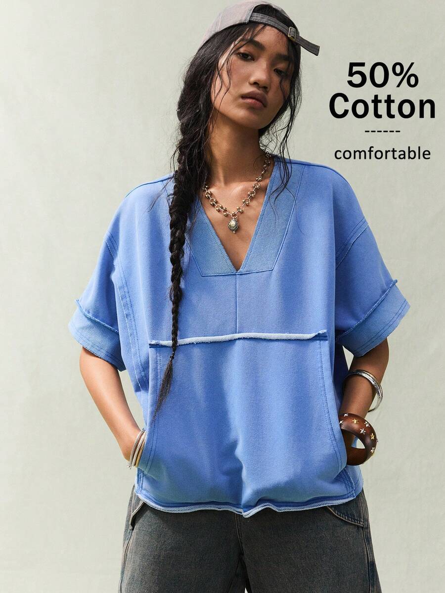 SoleilVie Sudadera casual de mujer con cuello en V sin mangas y lavado vintage - Azul - Ver 1