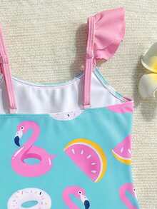 Conjunto de 2 piezas de traje de baño de una sola pieza con estampado de flamenco y donut para niña en vacaciones de playa - Multicolor - Ver 6