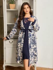 SHEIN Bộ 2 món cỡ lớn: Áo khoác in hoa và áo ngủ hai dây phối ren màu trơn. - Nhiều màu - Xem 4