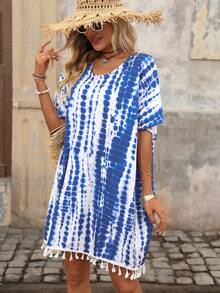 Brillora Áo khoác ngoài nữ kiểu dáng thường ngày, in họa tiết tie-dye, có tua rua ở gấu áo. - Màu xanh hải quân - Xem 5