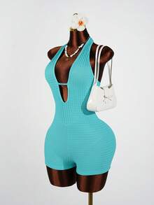 SaltGleam SaltGleam 女士深V领露背系带性感紧身纹理面料连体裤，春夏款 - 薄荷綠 - 查看 3