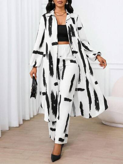 SHEIN Lady Spring And Summer Autumn And Winter Casual Elegant Work Colorful Woven Shirt Collar Bishop Sleeve Pocket Long Long Sleeve Co-Ords Vacation Two Pieces Set Church Outfits Women Office Outfits For Women Summer Outfits For Women,2 Pieces Summer Outfit Tall Two Piece Set Two Piece Set Two Piece Outfits 2 Piece Casual Sets Woman Casual Sets Woman