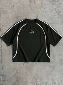 AXEPEAK 男士休闲撞色条纹短袖T恤 - 黑色 - 查看 1