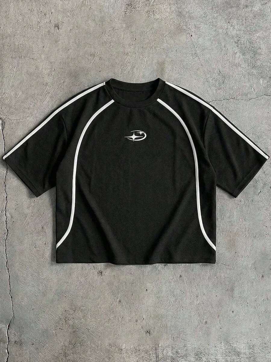 AXEPEAK 男士休闲撞色条纹短袖T恤 - 黑色 - 查看 1