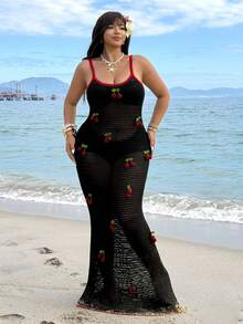 GalTyme 大码度假沙滩镂空3D樱桃装饰针织长裙 - 黑色 - 查看 6