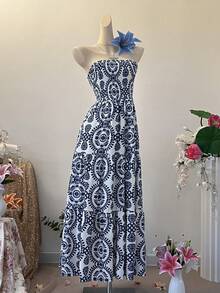 INAWLY Vestido casual de vacaciones de largo medio con estampado total tipo bandeau para mujer - Azul - Ver 4