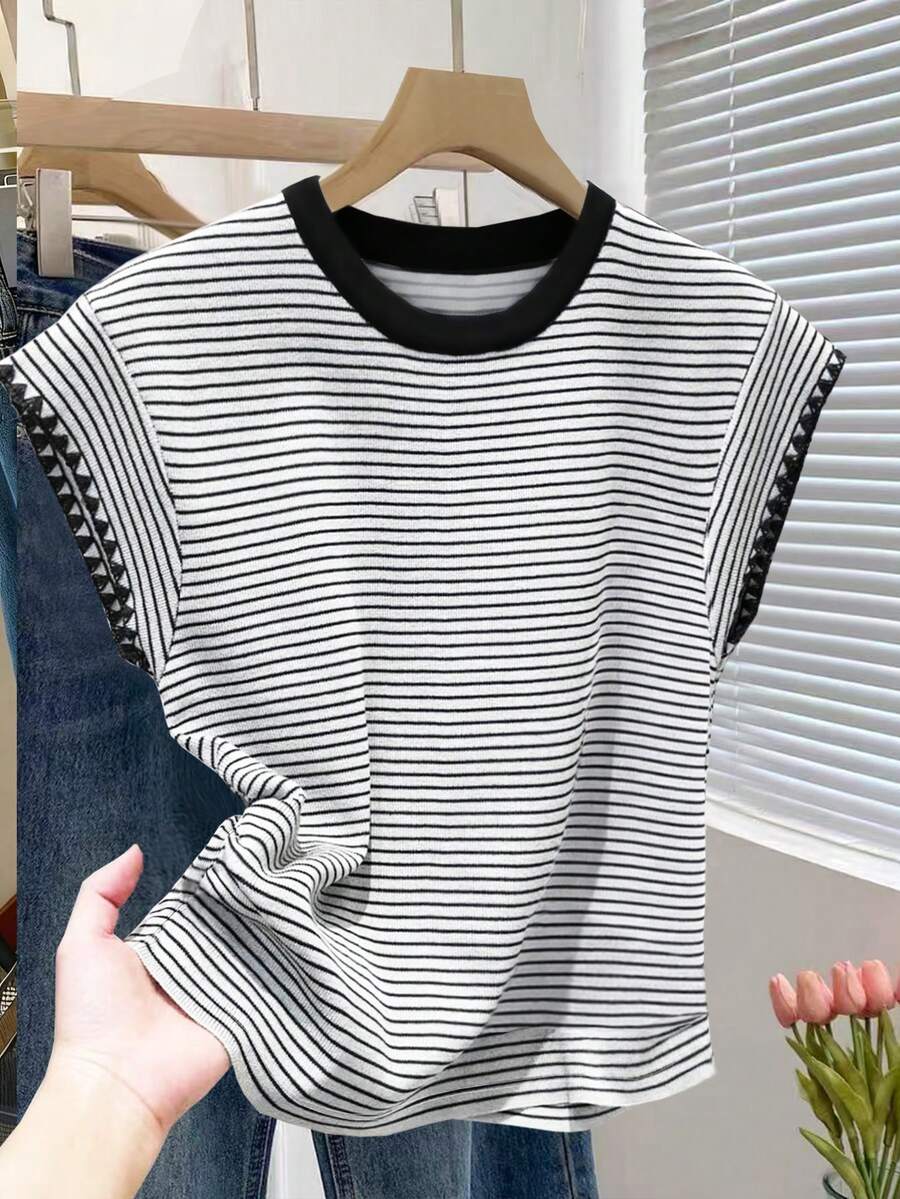 Franclia Áo thun nữ cỡ lớn in họa tiết sọc phối màu dáng rộng - Nhiều màu - Xem 1