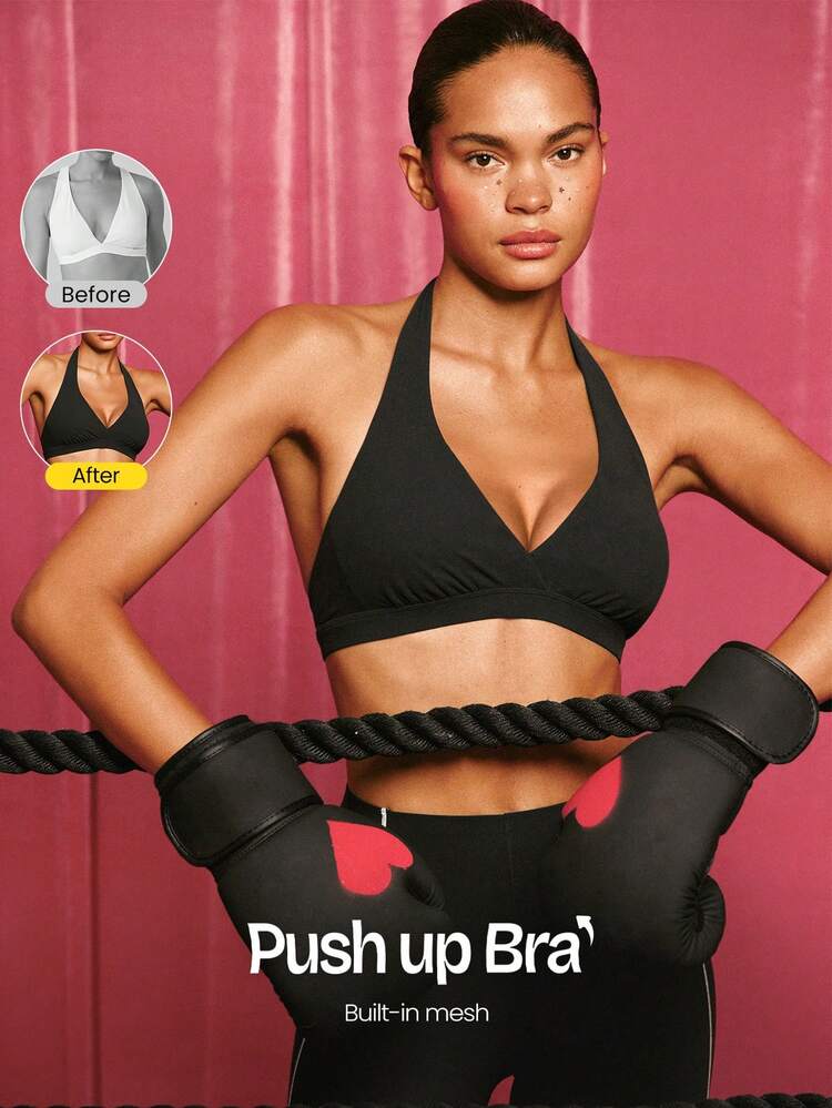 FeatherFit™-Sculpt Movimientos seguros Suave y elástico Compresivo Malla incorporada Copas desmontables Diseño de espalda abierta Sujetador deportivo de cuello halter de impacto medio para entrenamiento, running, workout y uso en el gimnasio