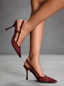 CUCCOO SZL Women's Pointed Toe High Heel Black Mesh Rhinestone Embellished Fashionable Sexy Glamorous Party Occasion Stilettos With Ankle Strap Spring Shoes - burgundy mirror - View 7