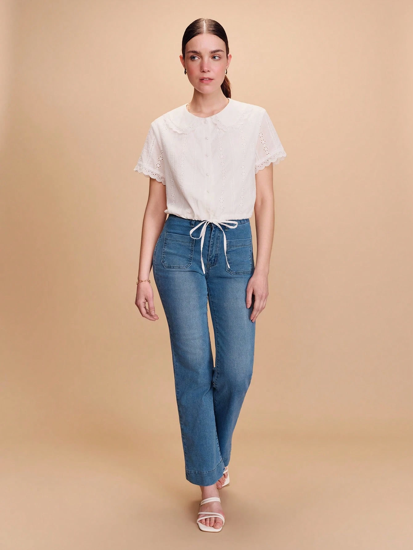 White Cotton Vintage Embroidered Cropped Blouse With A Peter Pan Collar And Waist Tie Spring Summer Cotton Top Spring Summer Vacation Office French Style Parisian Style Elegant Top White Cotton Blouse