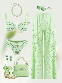 Swim Oasis Bộ bikini mùa hè dành cho nữ, màu trơn, cắt laser, gồm áo khoác ngoài và quần ống rộng, 3 món. - màu xanh lá - Xem 8