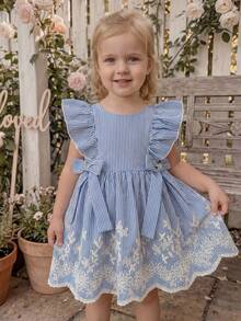 SHEIN LMoss Kids Babygirl Cute Casual Summer Striped Embroidered Peter Pan Collar Dress - Blue - View 4