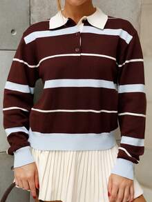 BiaLiraa 女式秋冬学院风马球领撞色条纹棕蓝宽松针织毛衣 - 彩色 - 查看 3