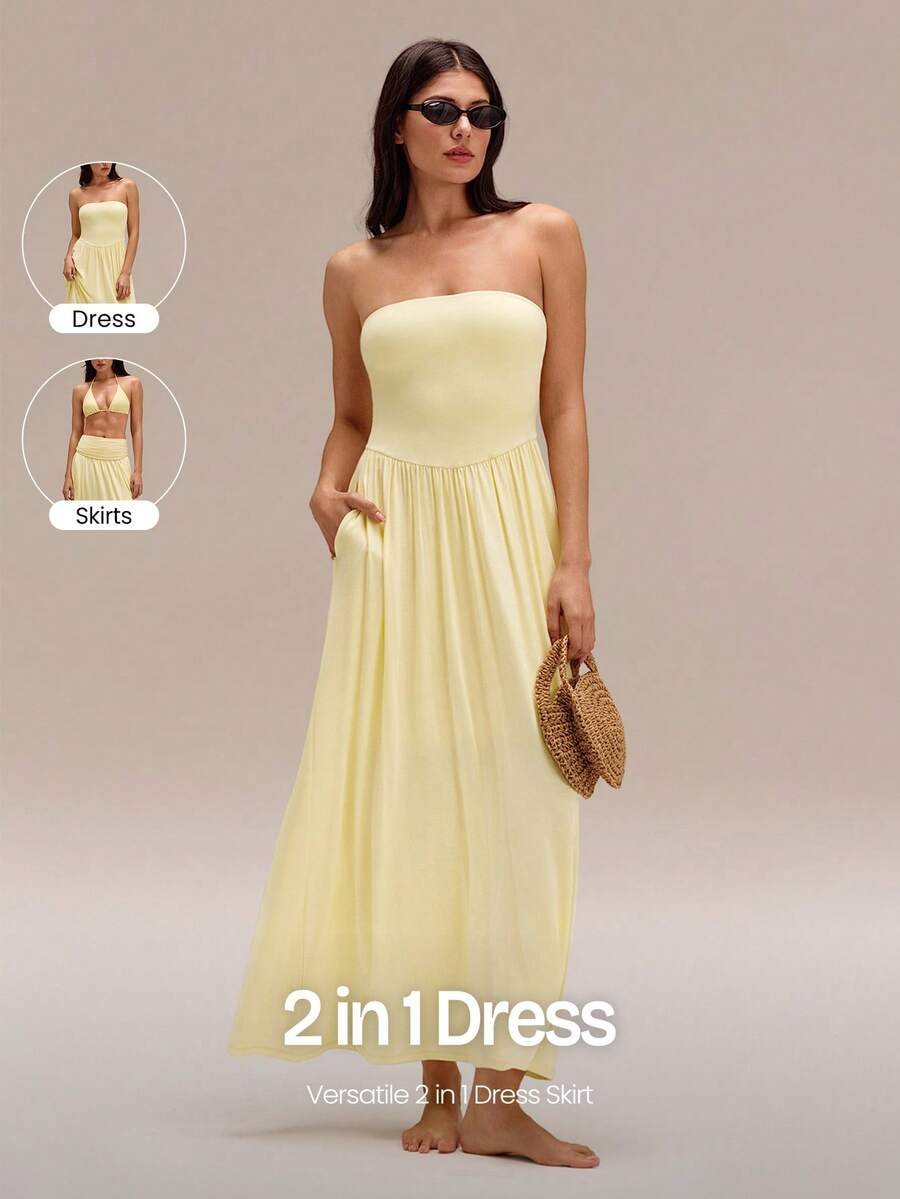 2-In-1 Two-Way Wear Strapless Dress Keep It Breezy Ultra-Fine Soft Texture Side Pockets  Foldable Daily Casual Wear