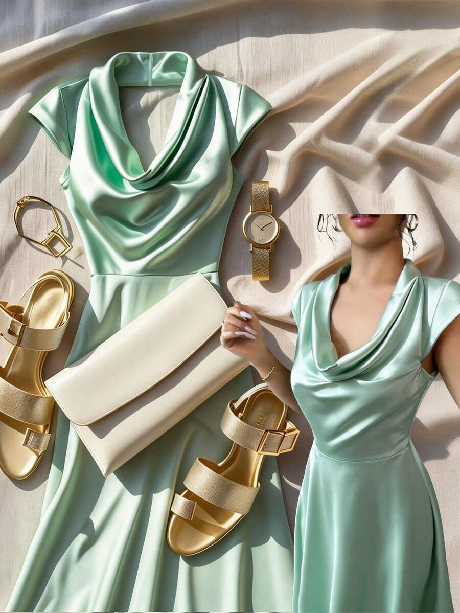 GlowEve Women's Satin Lapel Collar Dress, New Summer Style - Pastel Green - View 1