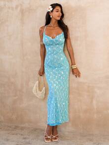 Glamine New Light Blue Sequined Knit Backless Dress, Perfect For Summer Vacations. - Baby Blue - View 3